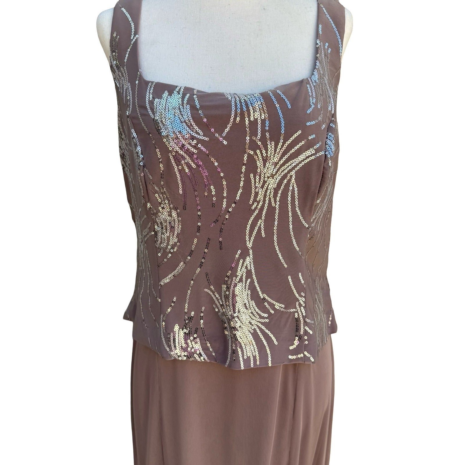Alex Evenings Womens 6P 2PC Formal Set Taupe Silver Sequin Maxi Dress Jacket