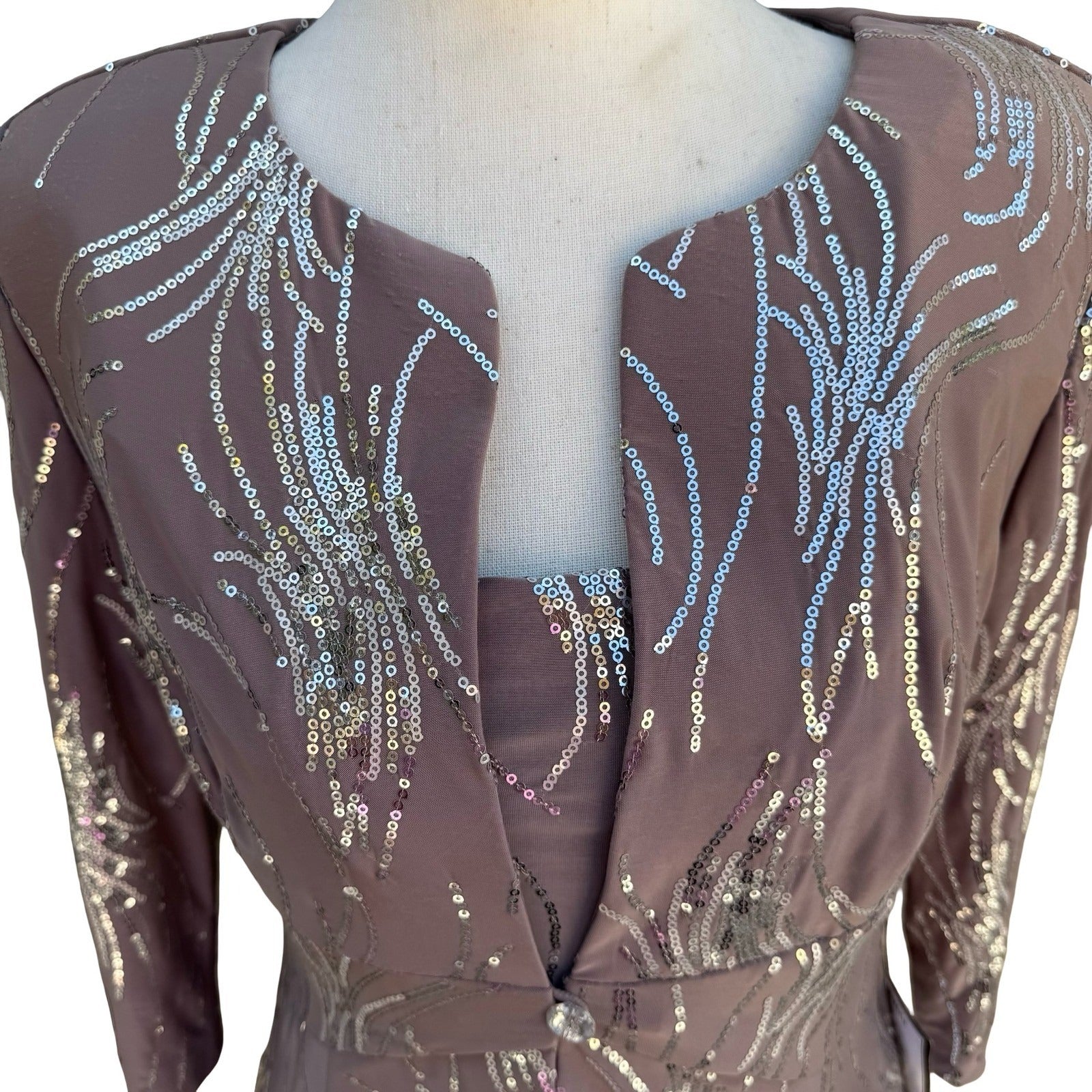 Alex Evenings Womens 6P 2PC Formal Set Taupe Silver Sequin Maxi Dress Jacket