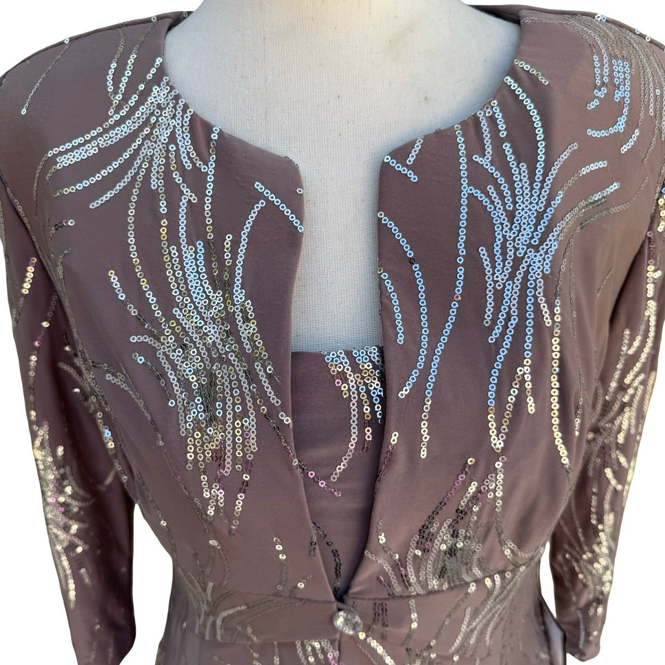 Alex Evenings Womens 6P 2PC Formal Set Taupe Silver Sequin Maxi Dress Jacket
