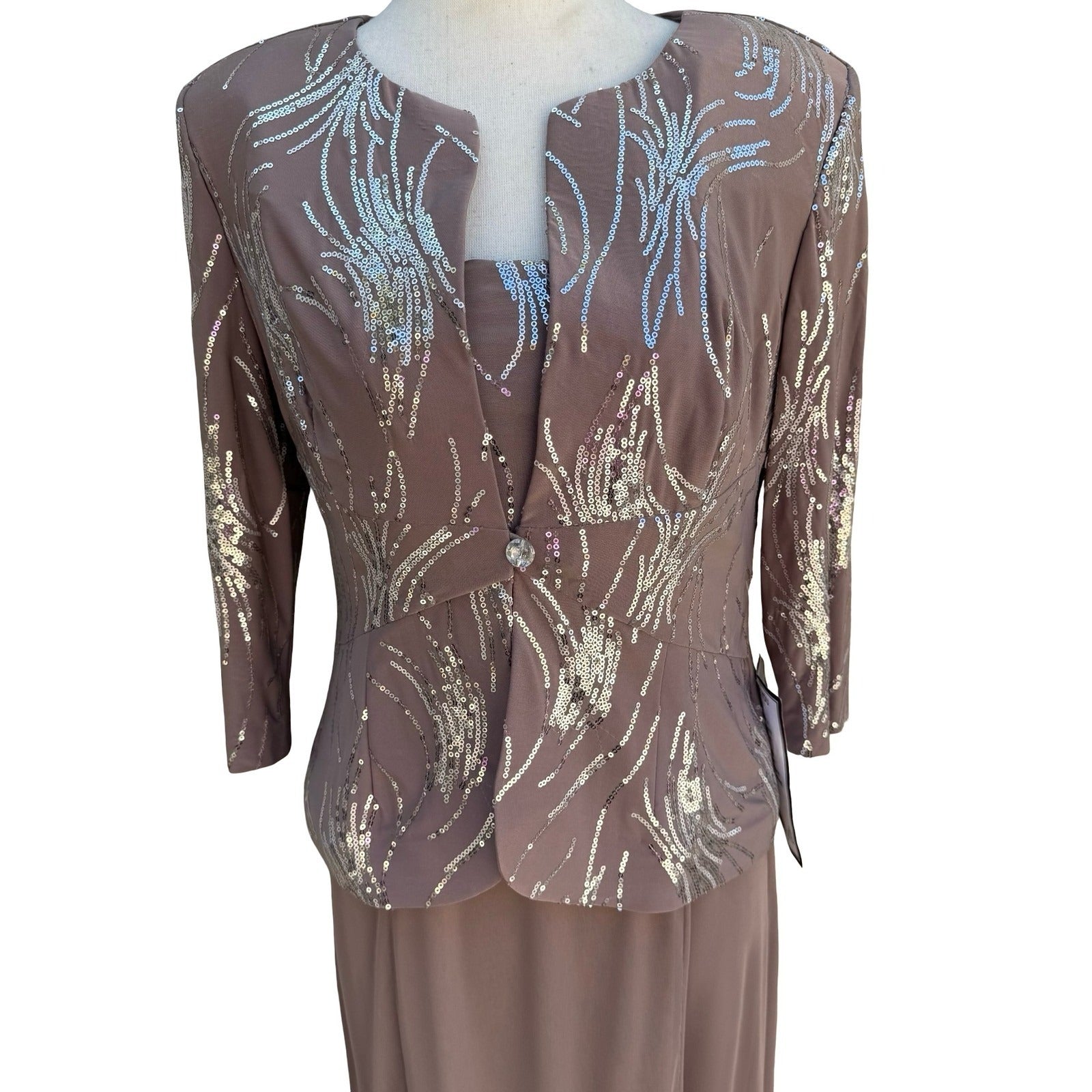 Alex Evenings Womens 6P 2PC Formal Set Taupe Silver Sequin Maxi Dress Jacket