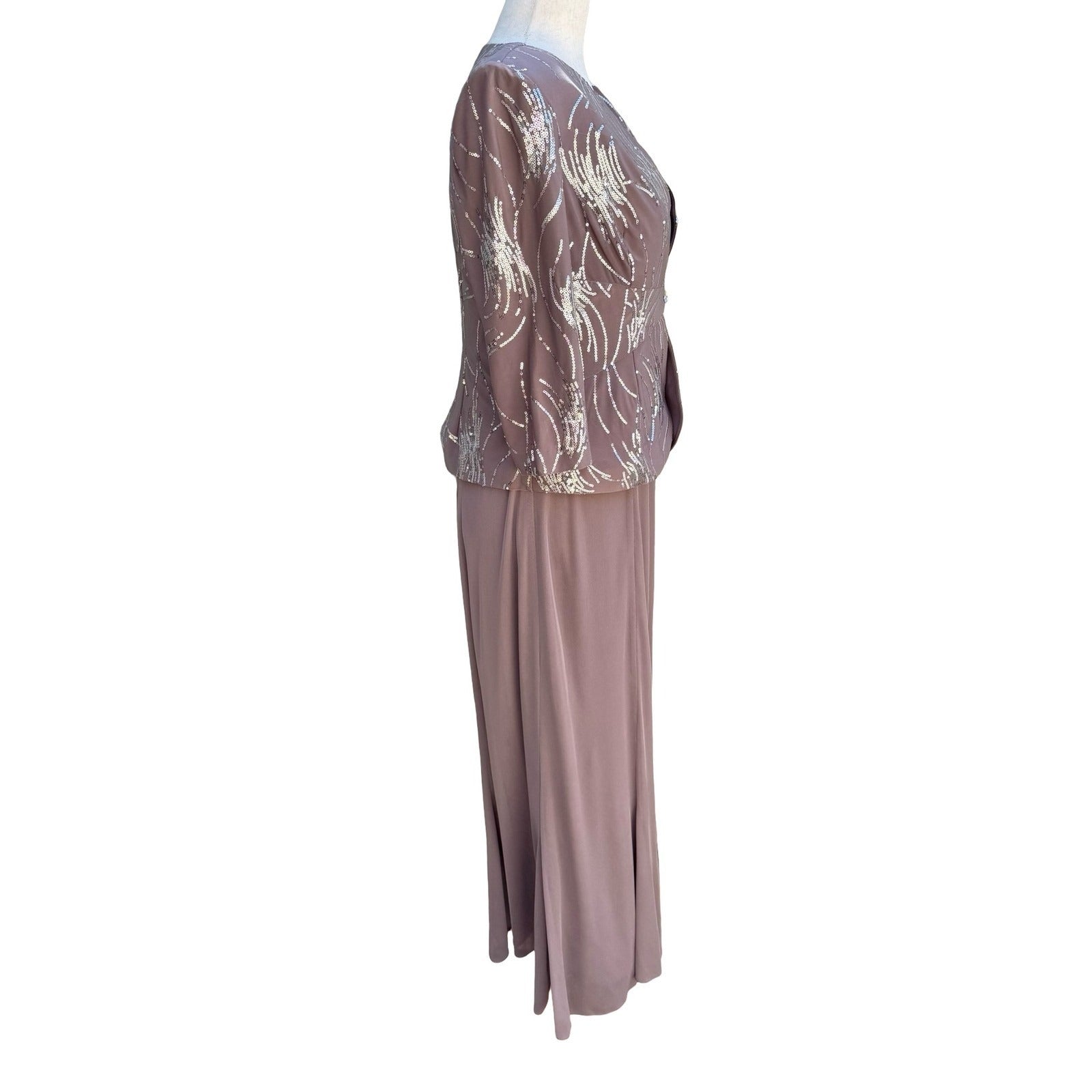 Alex Evenings Womens 6P 2PC Formal Set Taupe Silver Sequin Maxi Dress Jacket