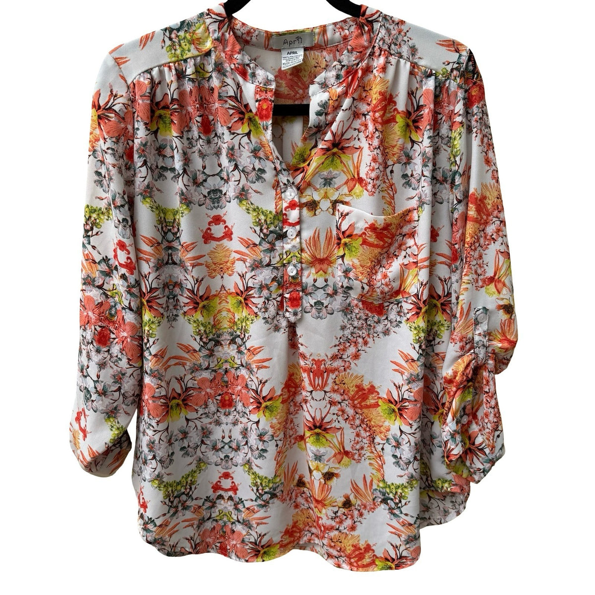 April Boho Garden Party Floral Split Neck Roll Tab Sleeve Tunic Blouse Orange XL