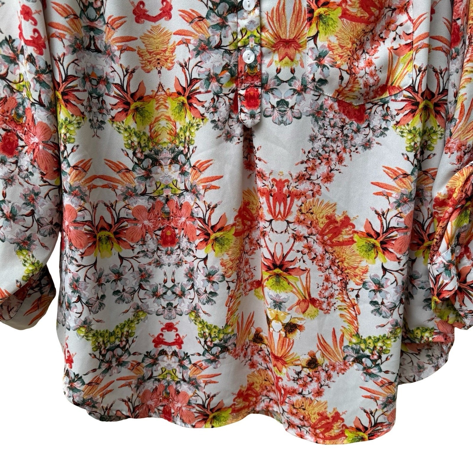 April Boho Garden Party Floral Split Neck Roll Tab Sleeve Tunic Blouse Orange XL
