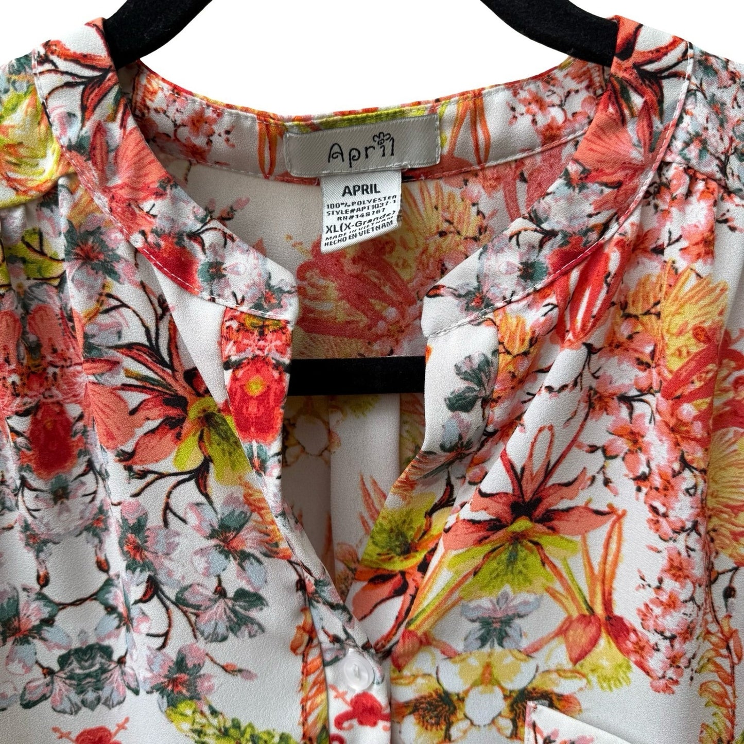 April Boho Garden Party Floral Split Neck Roll Tab Sleeve Tunic Blouse Orange XL