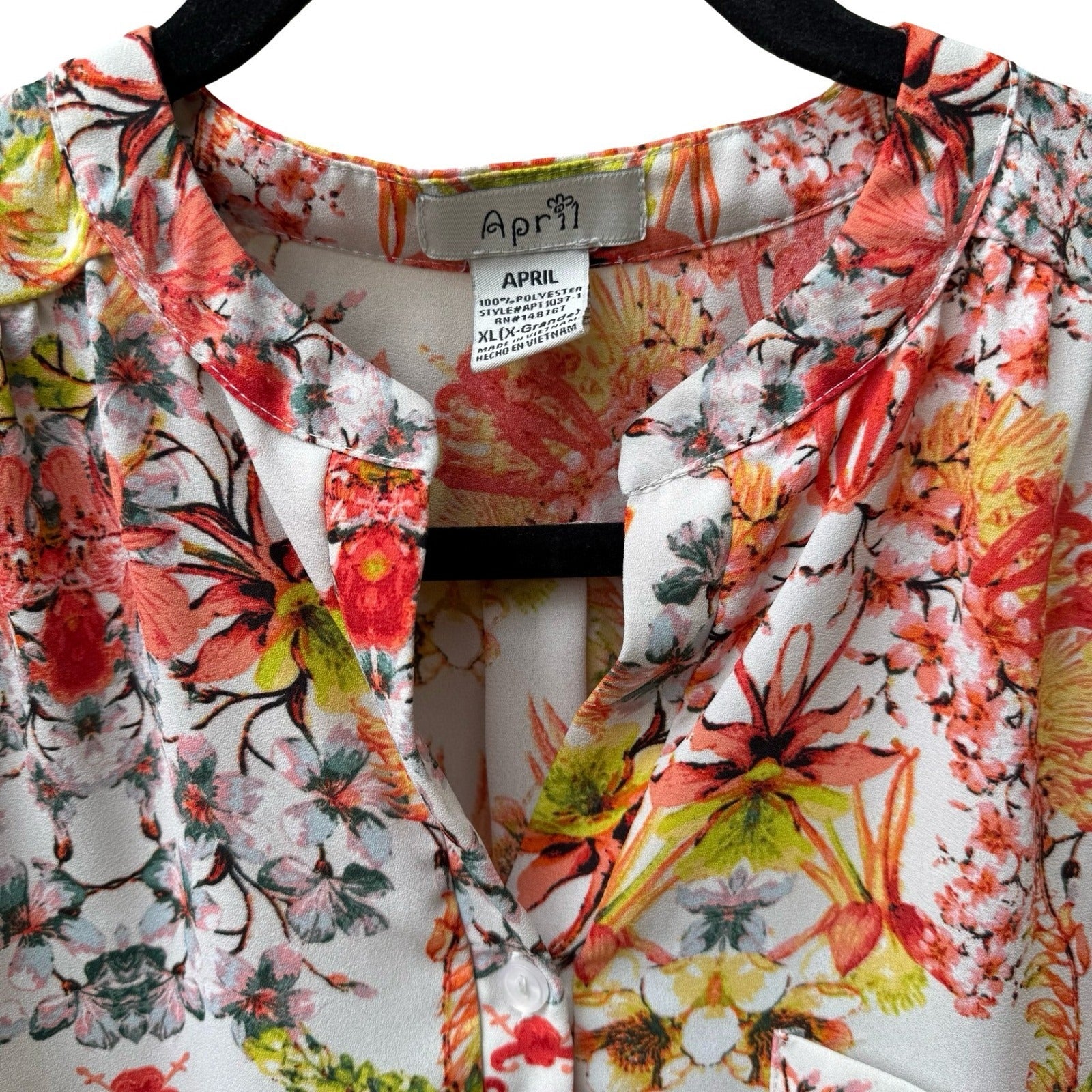 April Boho Garden Party Floral Split Neck Roll Tab Sleeve Tunic Blouse Orange XL