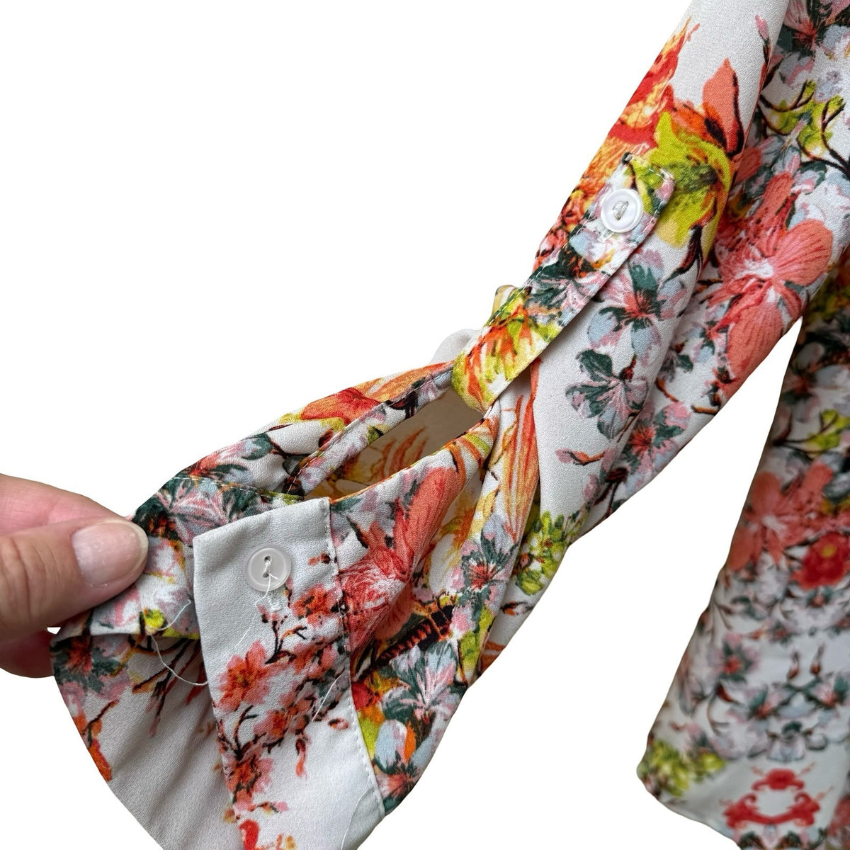 April Boho Garden Party Floral Split Neck Roll Tab Sleeve Tunic Blouse Orange XL