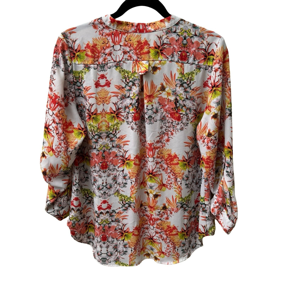 April Boho Garden Party Floral Split Neck Roll Tab Sleeve Tunic Blouse Orange XL