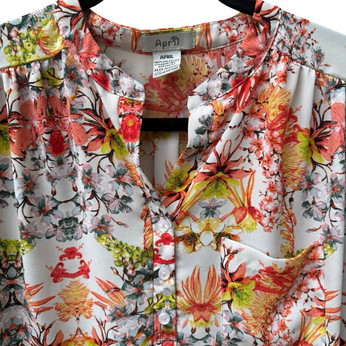 April Boho Garden Party Floral Split Neck Roll Tab Sleeve Tunic Blouse Orange XL