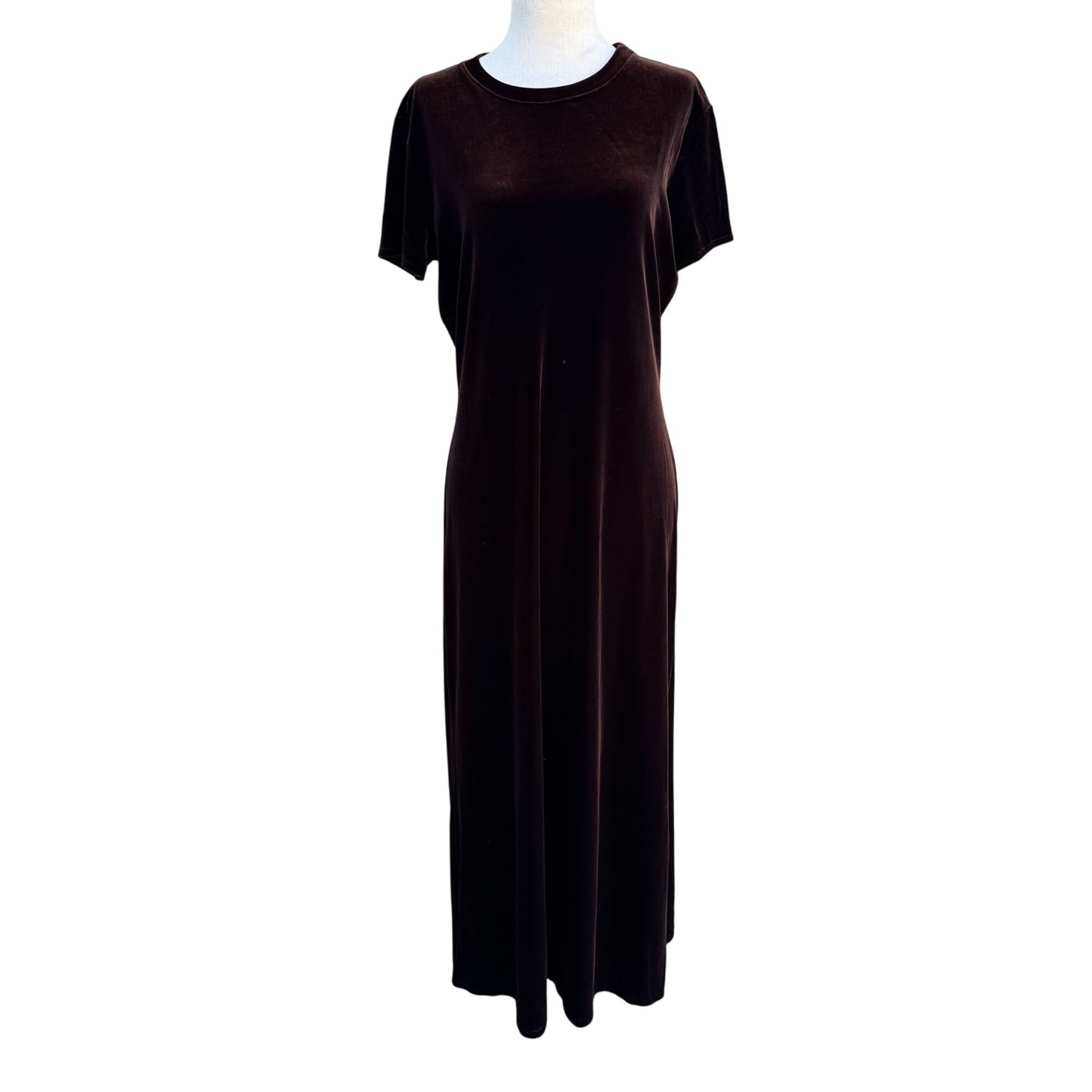 Max Studio Vintage Womens Brown Velvet Short Sleeve Round Neck Flowy Maxi Dress L