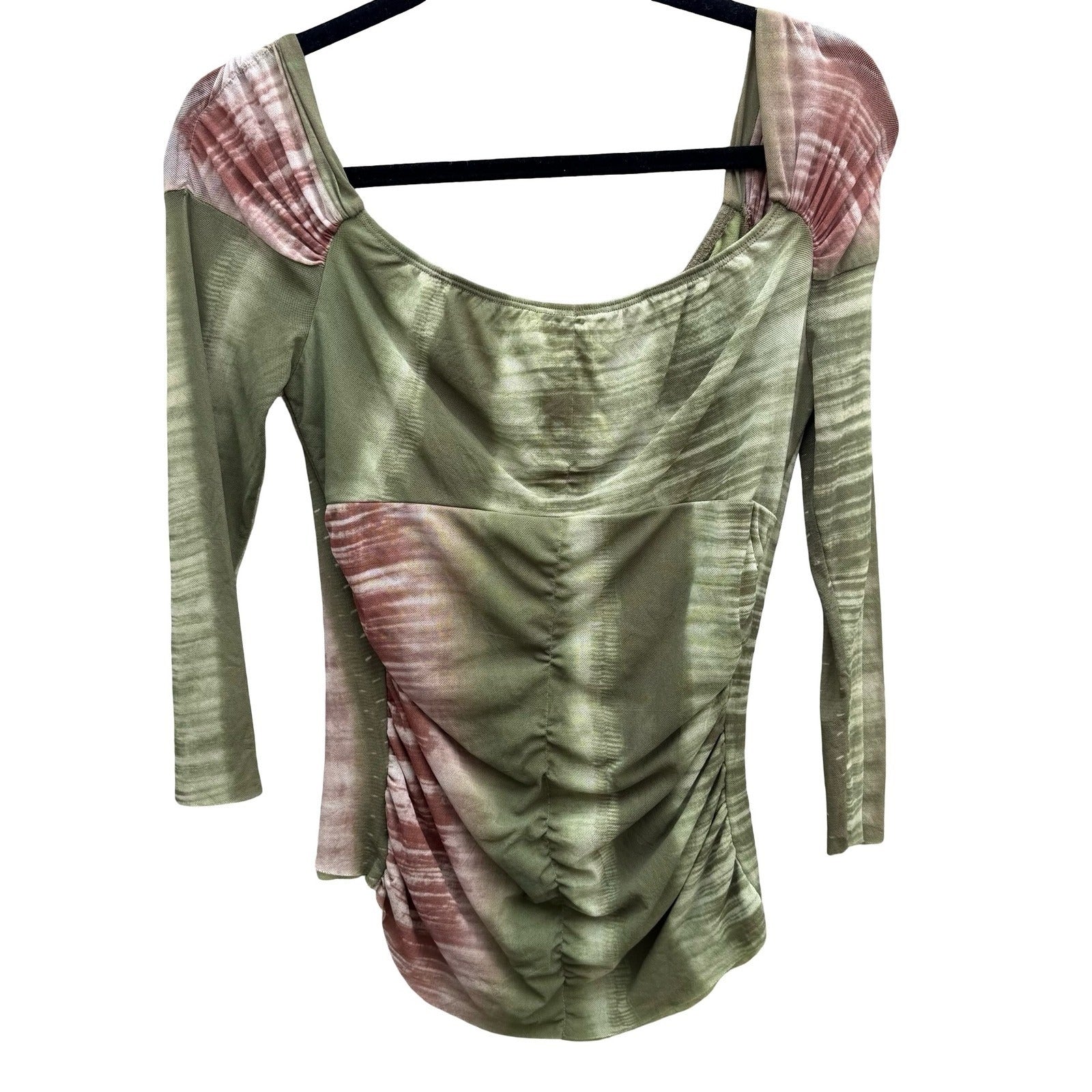 Sweet Pea Y2K 90s Fairycore Ruched Mesh Space Tie Dye 3/4 Sleeve Green Womens S