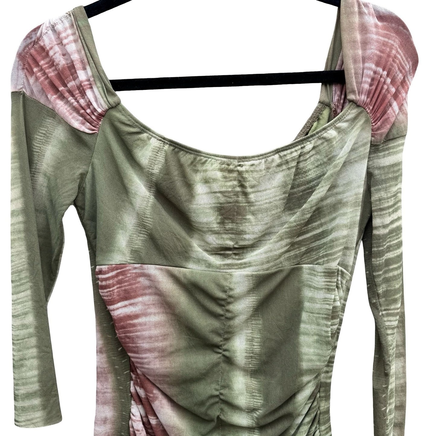 Sweet Pea Y2K 90s Fairycore Ruched Mesh Space Tie Dye 3/4 Sleeve Green Womens S