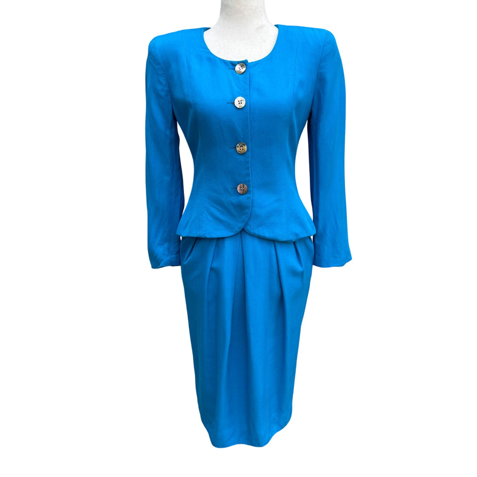 Christian Dior Vintage Blue Mother-Of-Pearl Button Long Sleeve Blazer Skirt Suit
