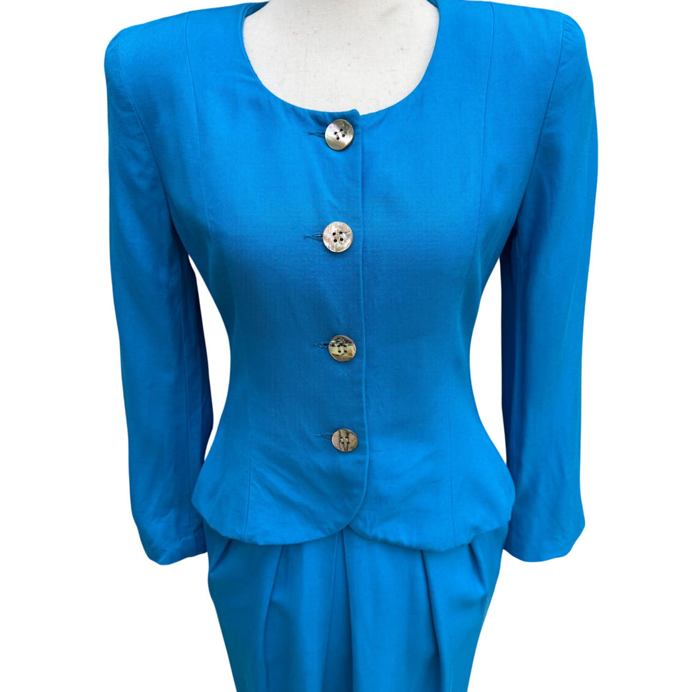 Christian Dior Vintage Blue Mother-Of-Pearl Button Long Sleeve Blazer Skirt Suit