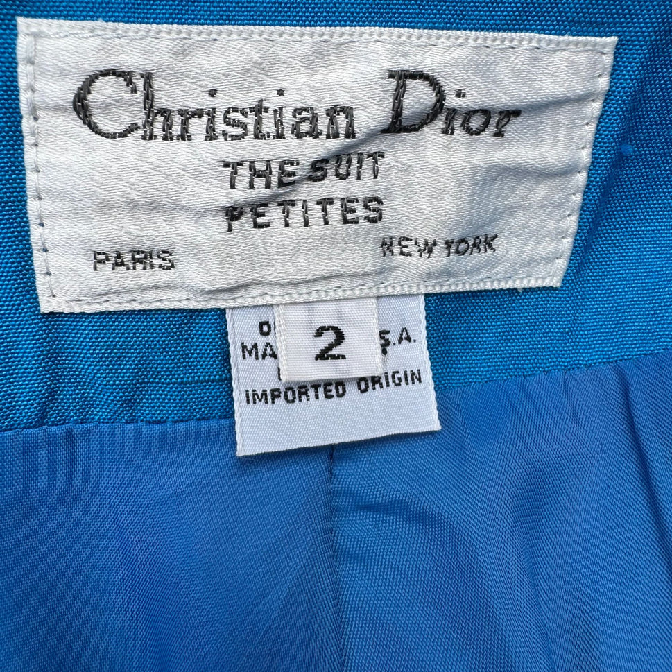 Christian Dior Vintage Blue Mother-Of-Pearl Button Long Sleeve Blazer Skirt Suit