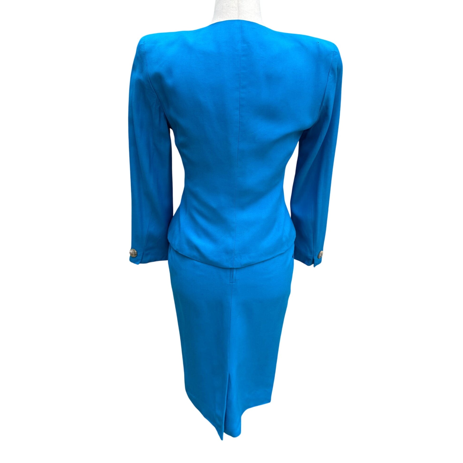 Christian Dior Vintage Blue Mother-Of-Pearl Button Long Sleeve Blazer Skirt Suit