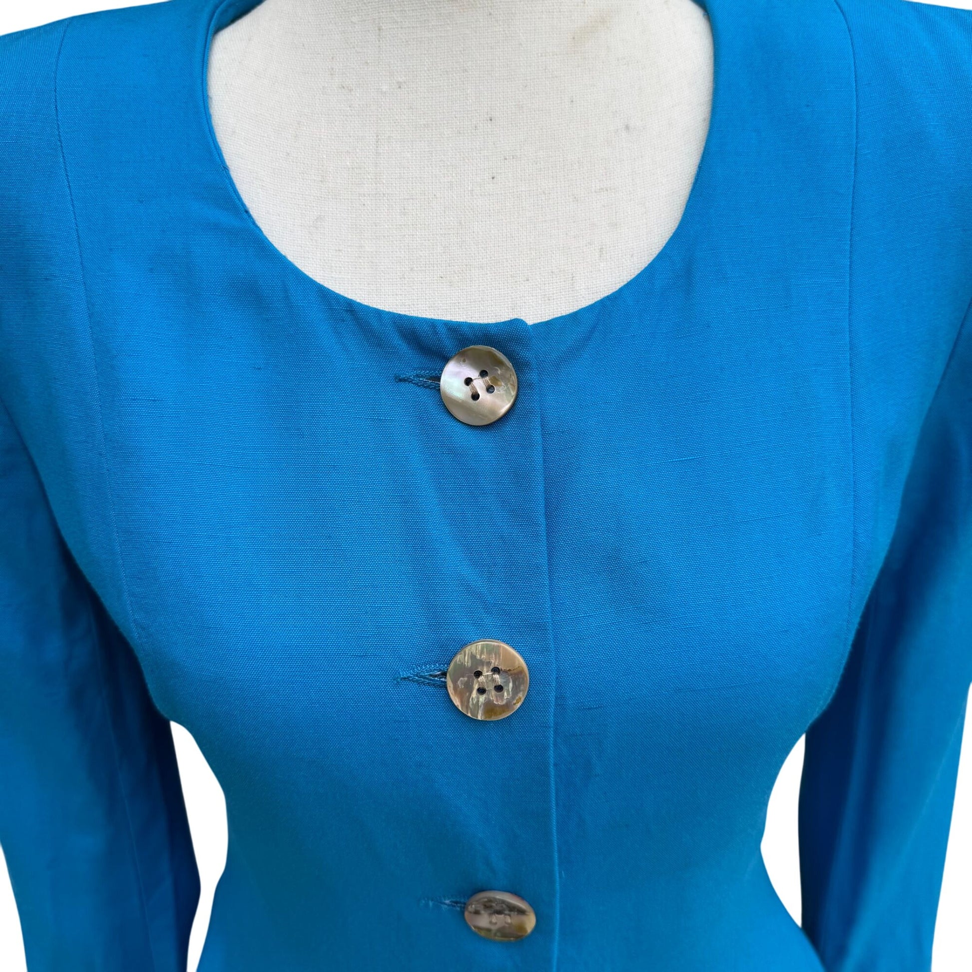 Christian Dior Vintage Blue Mother-Of-Pearl Button Long Sleeve Blazer Skirt Suit