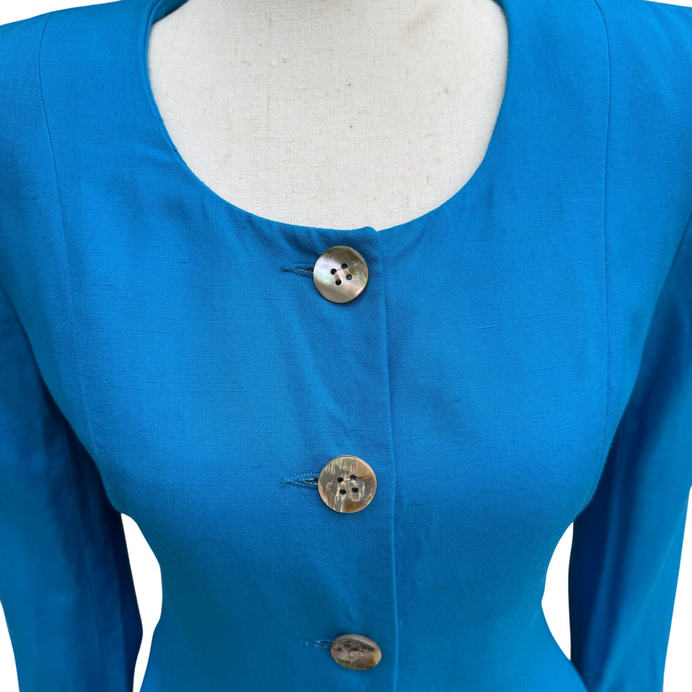 Christian Dior Vintage Blue Mother-Of-Pearl Button Long Sleeve Blazer Skirt Suit