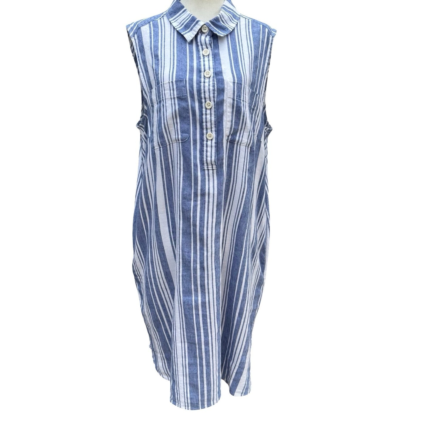 Lands' End Womens 16 Blue Striped Linen Blend Sleeveless Shirt Dress Coastal