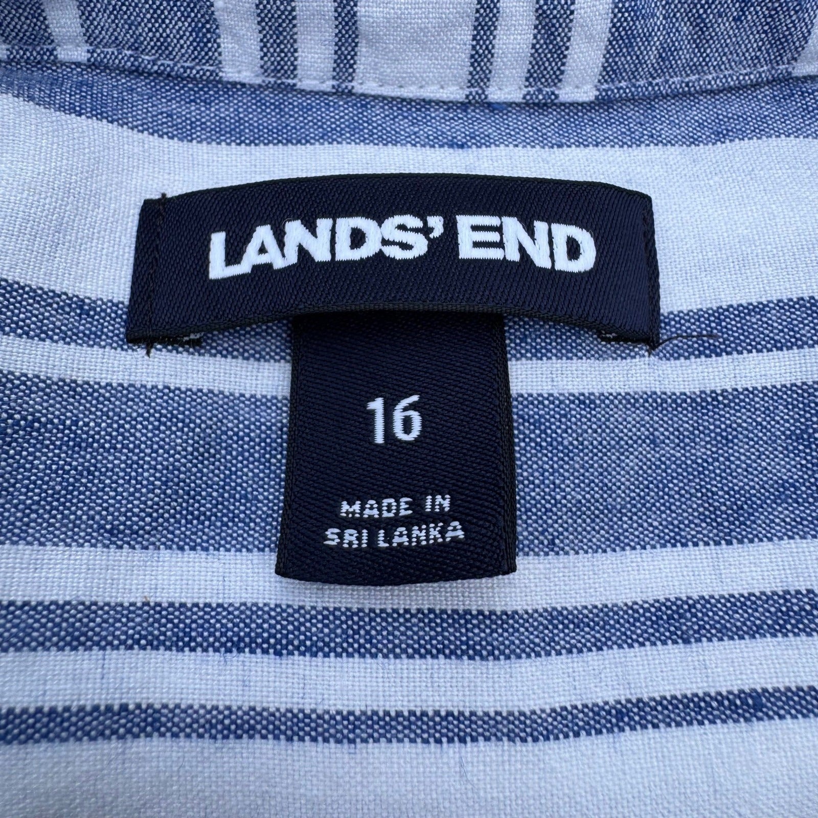 Lands' End Womens 16 Blue Striped Linen Blend Sleeveless Shirt Dress Coastal
