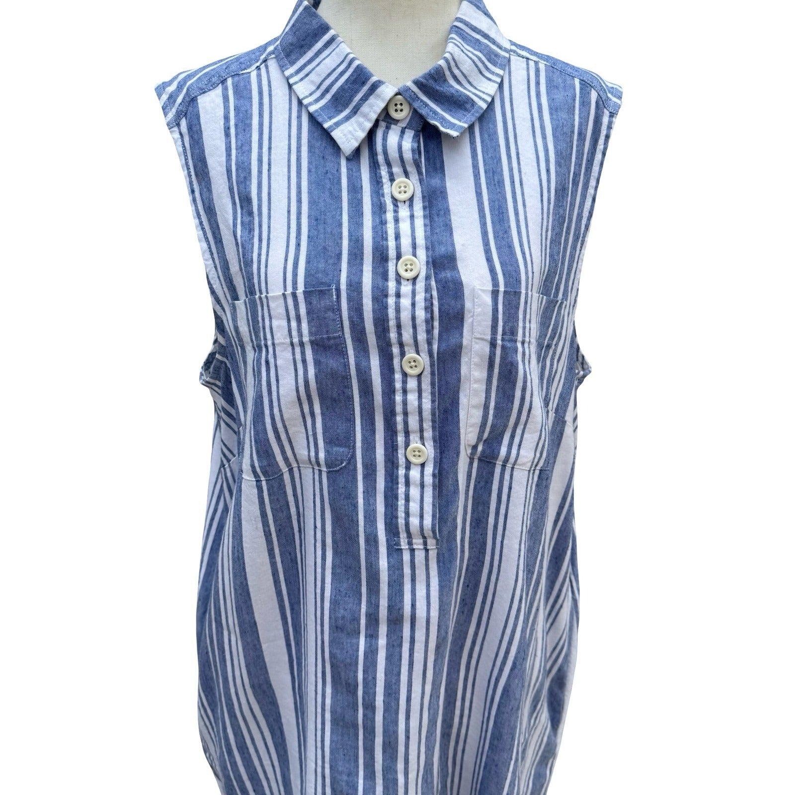 Lands' End Womens 16 Blue Striped Linen Blend Sleeveless Shirt Dress Coastal