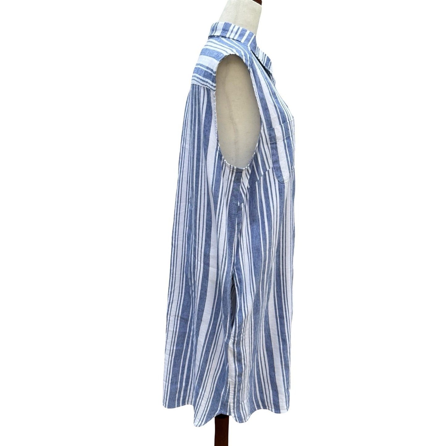 Lands' End Womens 16 Blue Striped Linen Blend Sleeveless Shirt Dress Coastal