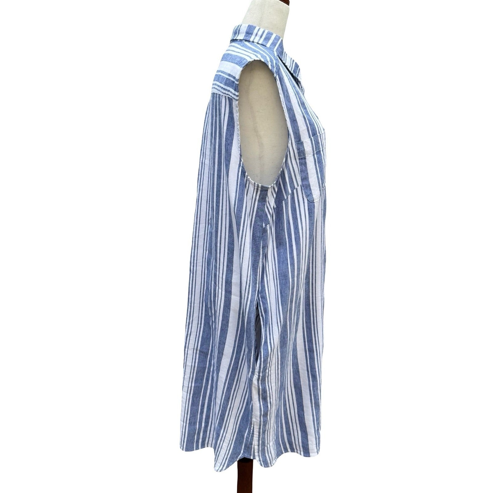 Lands' End Womens 16 Blue Striped Linen Blend Sleeveless Shirt Dress Coastal