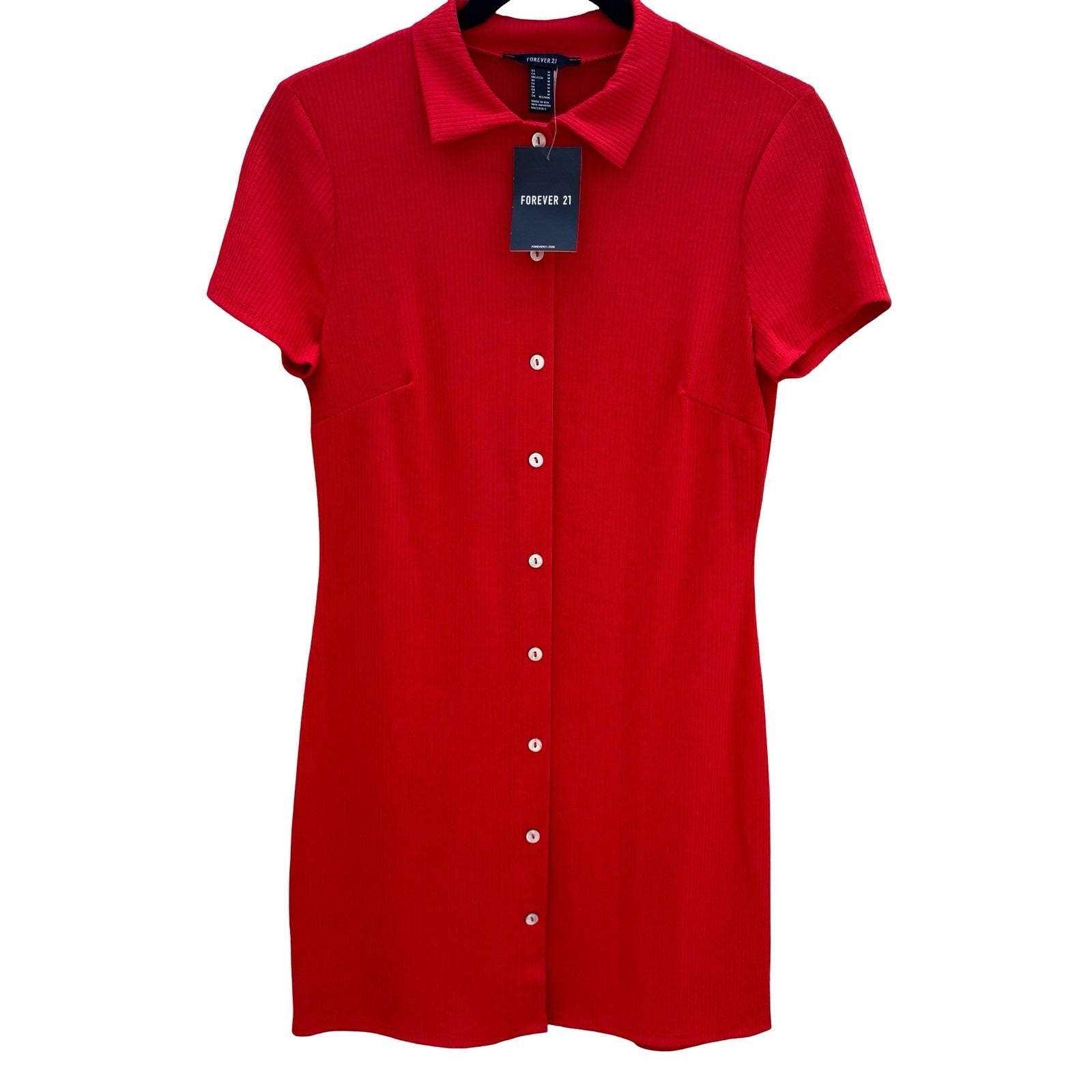 Forever 21 Womens Red Ribbed Knit Button Front Polo Collar Mini Dress Size M NEW