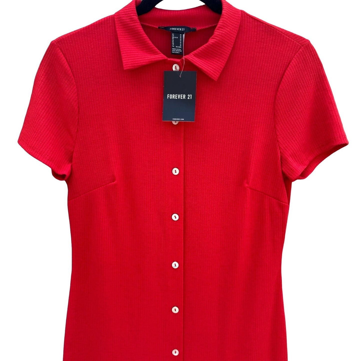 Forever 21 Womens Red Ribbed Knit Button Front Polo Collar Mini Dress Size M NEW