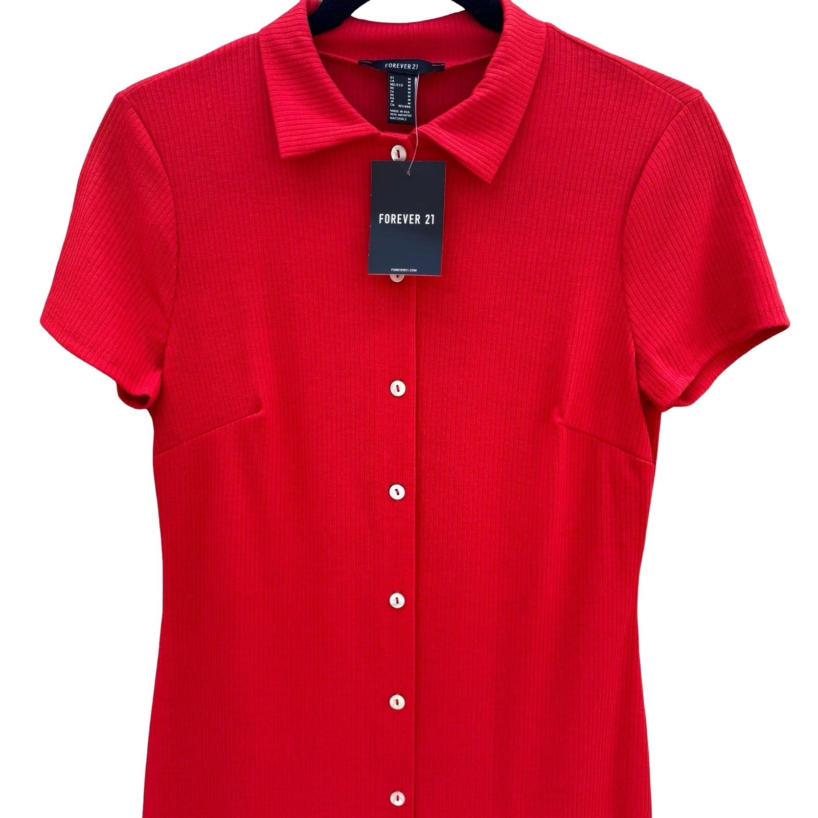 Forever 21 Womens Red Ribbed Knit Button Front Polo Collar Mini Dress Size M NEW