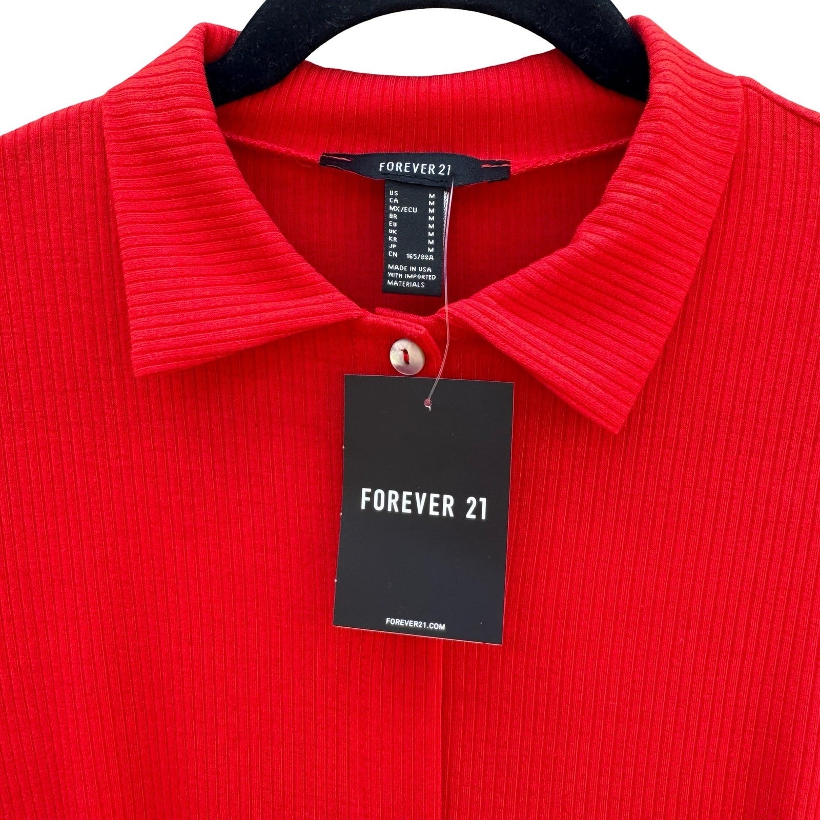Forever 21 Womens Red Ribbed Knit Button Front Polo Collar Mini Dress Size M NEW