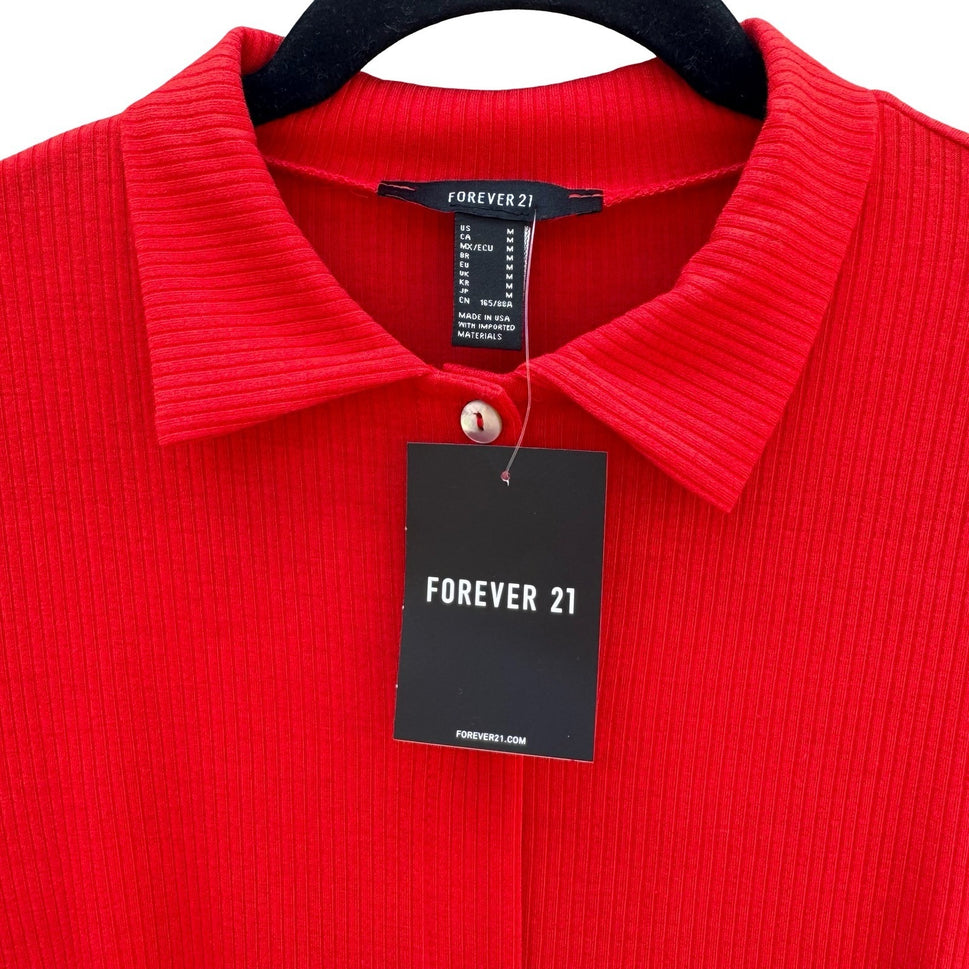 Forever 21 Womens Red Ribbed Knit Button Front Polo Collar Mini Dress Size M NEW