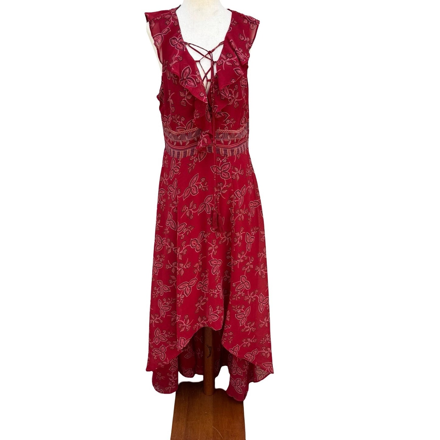 Willow Clay Scarlet Red Floral High-Low Midi Dress Lace-Up Ruffle Peasant M NEW