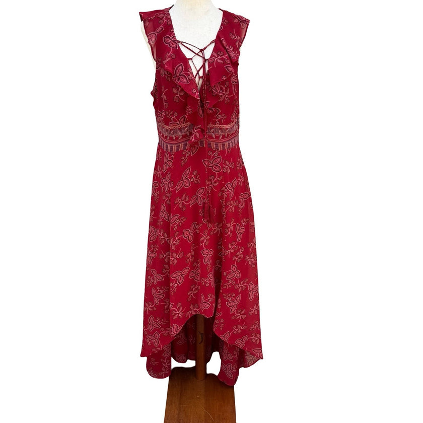 Willow Clay Scarlet Red Floral High-Low Midi Dress Lace-Up Ruffle Peasant M NEW