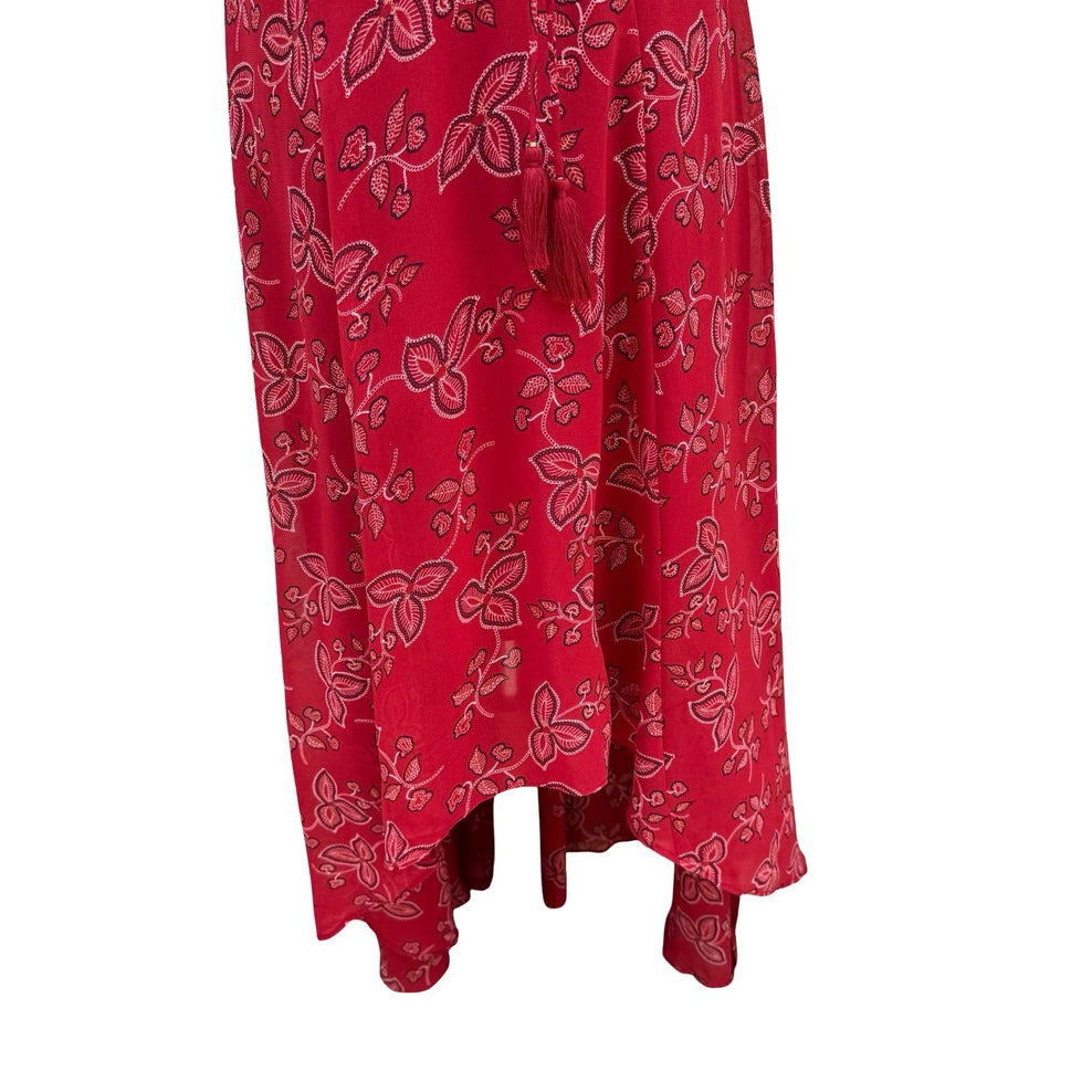 Willow Clay Scarlet Red Floral High-Low Midi Dress Lace-Up Ruffle Peasant M NEW
