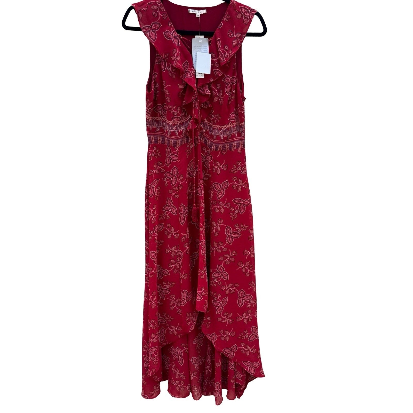 Willow Clay Scarlet Red Floral High-Low Midi Dress Lace-Up Ruffle Peasant M NEW