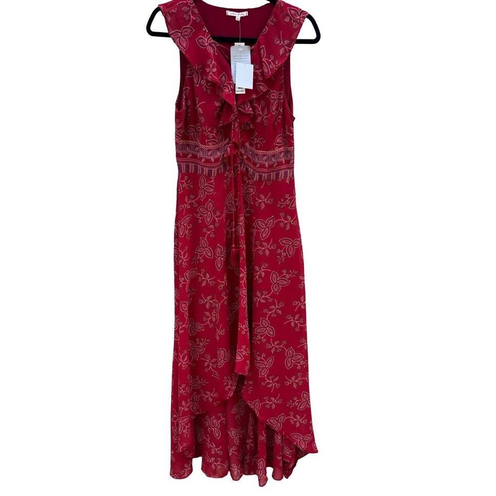 Willow Clay Scarlet Red Floral High-Low Midi Dress Lace-Up Ruffle Peasant M NEW