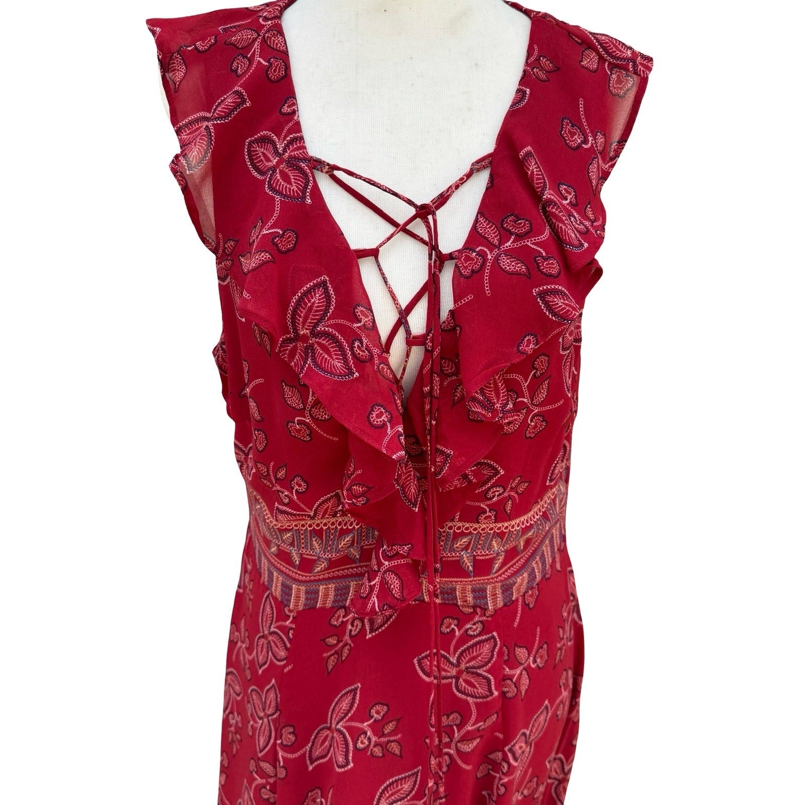 Willow Clay Scarlet Red Floral High-Low Midi Dress Lace-Up Ruffle Peasant M NEW