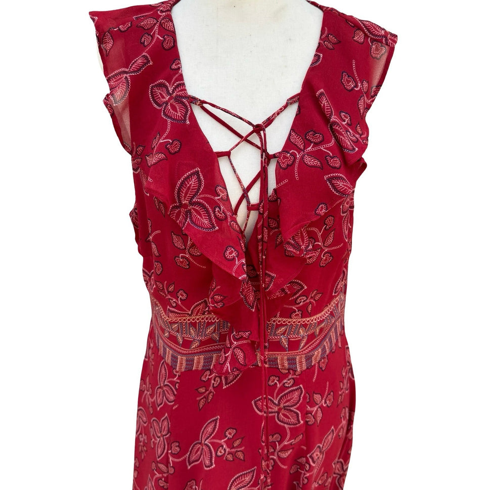 Willow Clay Scarlet Red Floral High-Low Midi Dress Lace-Up Ruffle Peasant M NEW