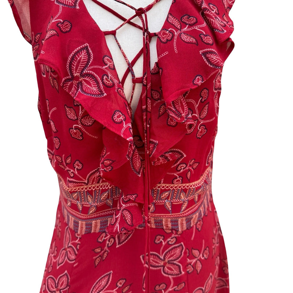 Willow Clay Scarlet Red Floral High-Low Midi Dress Lace-Up Ruffle Peasant M NEW
