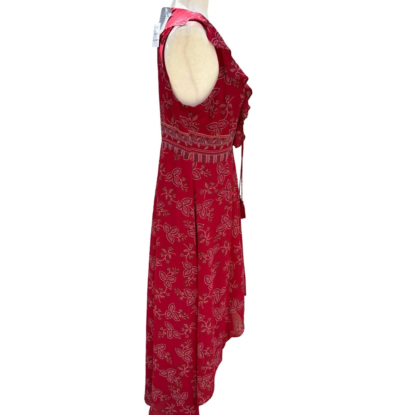 Willow Clay Scarlet Red Floral High-Low Midi Dress Lace-Up Ruffle Peasant M NEW