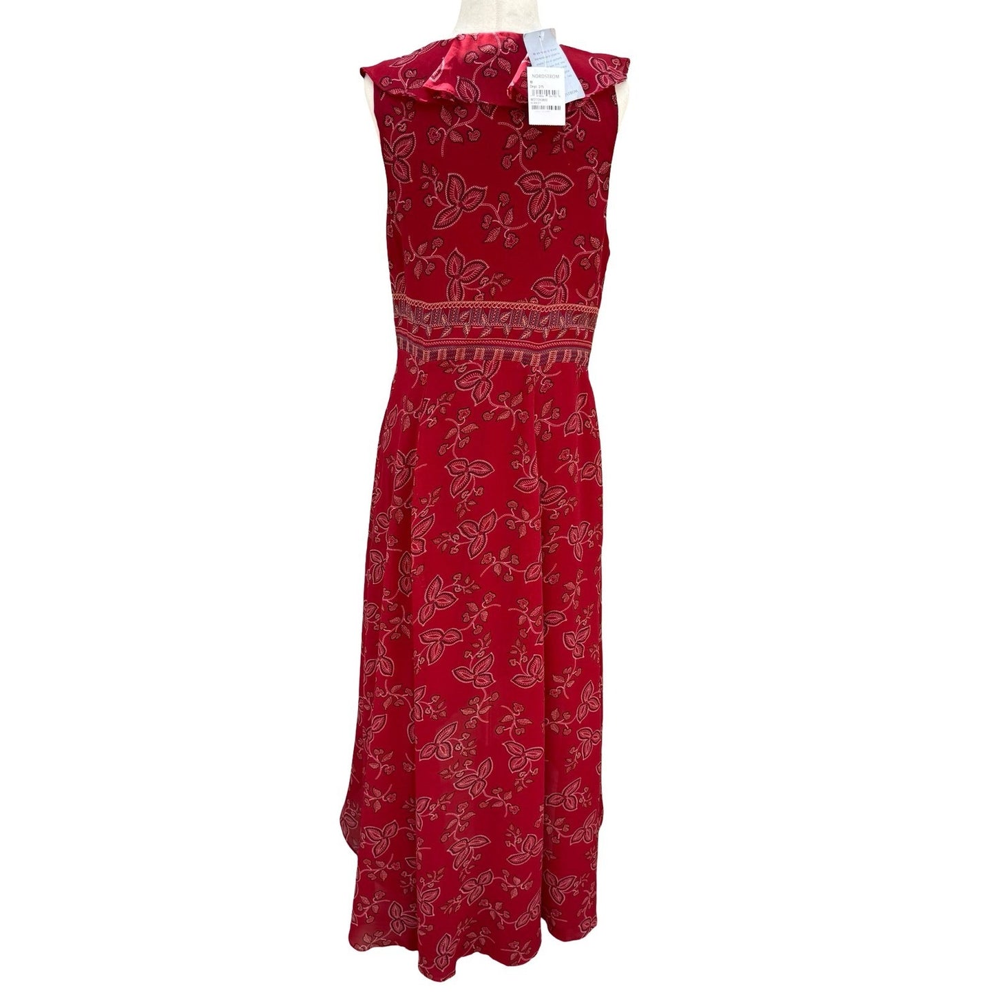 Willow Clay Scarlet Red Floral High-Low Midi Dress Lace-Up Ruffle Peasant M NEW