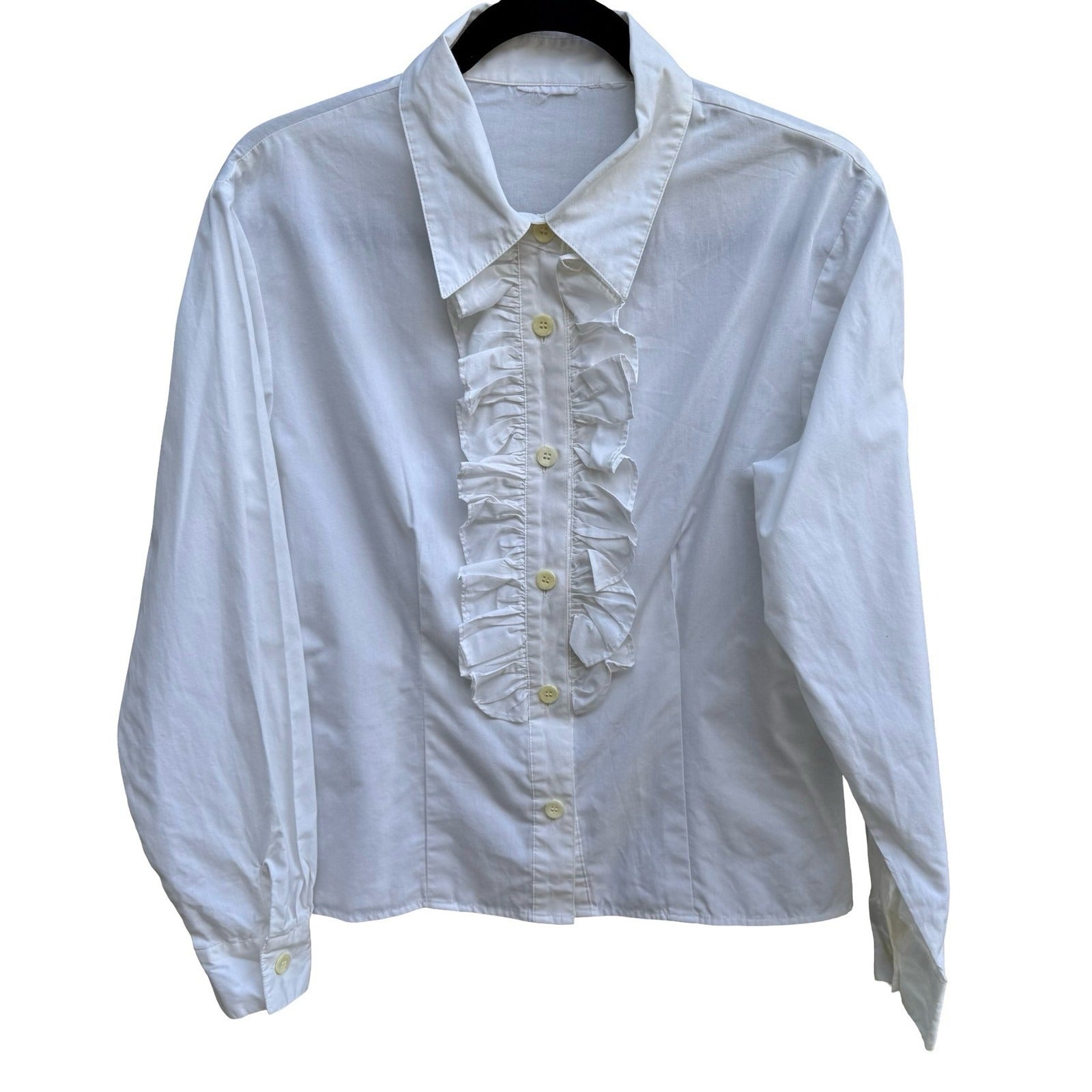 Vintage White Coquette Ruffle Front Victorian Edwardian Poplin Blouse Regency