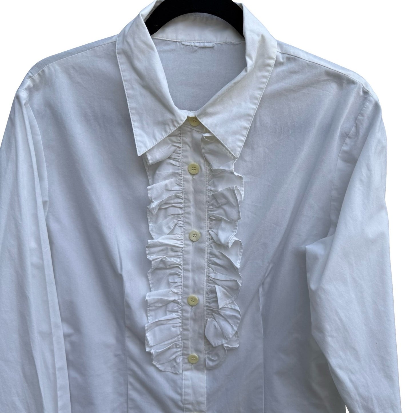 Vintage White Coquette Ruffle Front Victorian Edwardian Poplin Blouse Regency