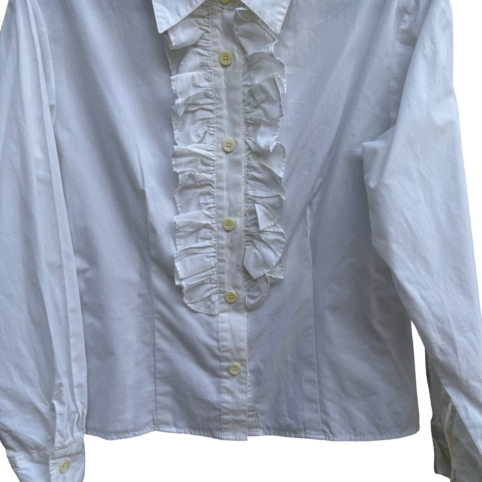 Vintage White Coquette Ruffle Front Victorian Edwardian Poplin Blouse Regency