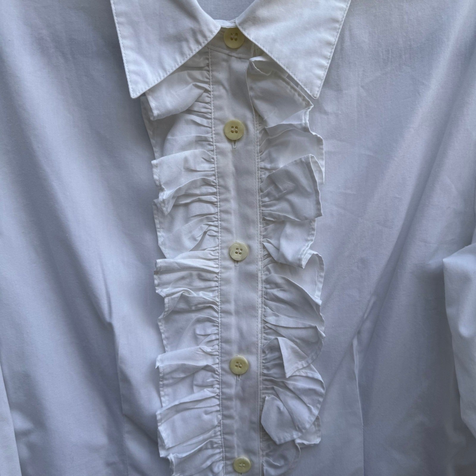 Vintage White Coquette Ruffle Front Victorian Edwardian Poplin Blouse Regency