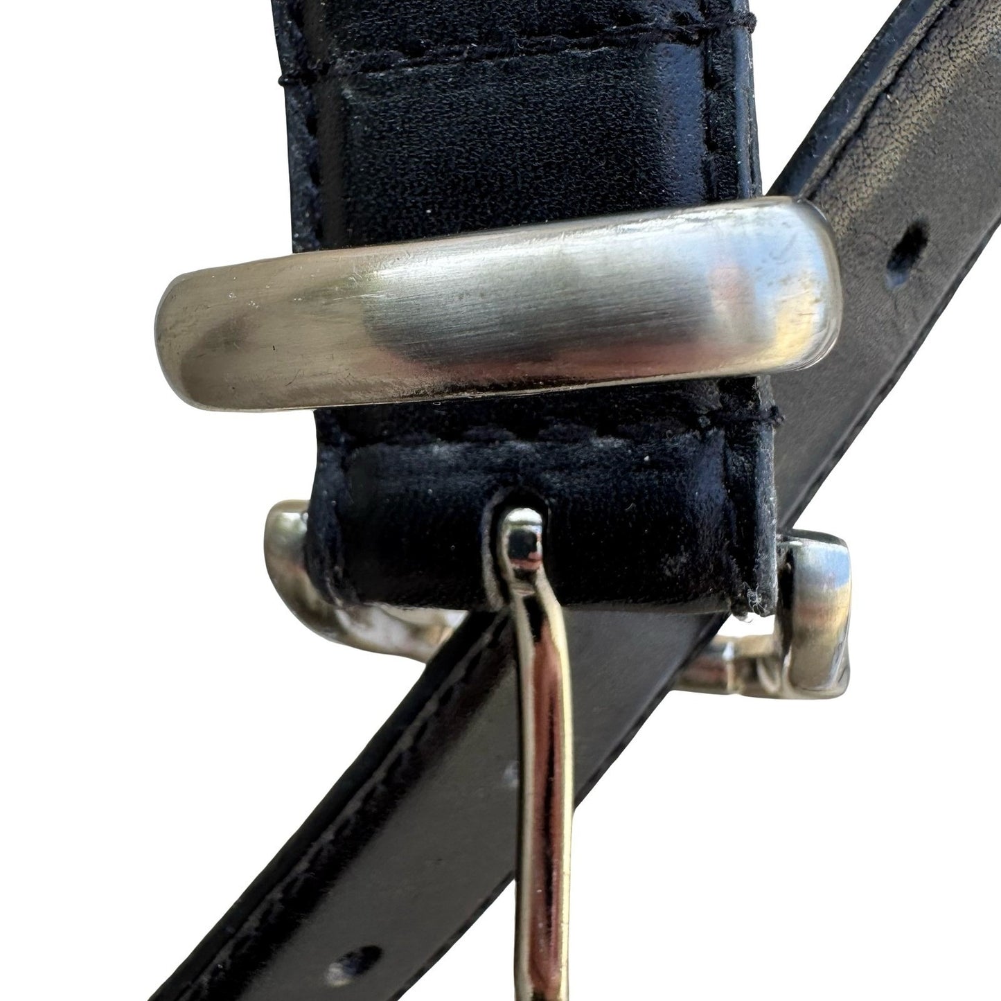 Black Full Grain Leather Twisted Detail Belt Silver Buckle Size 36 90 7205-01