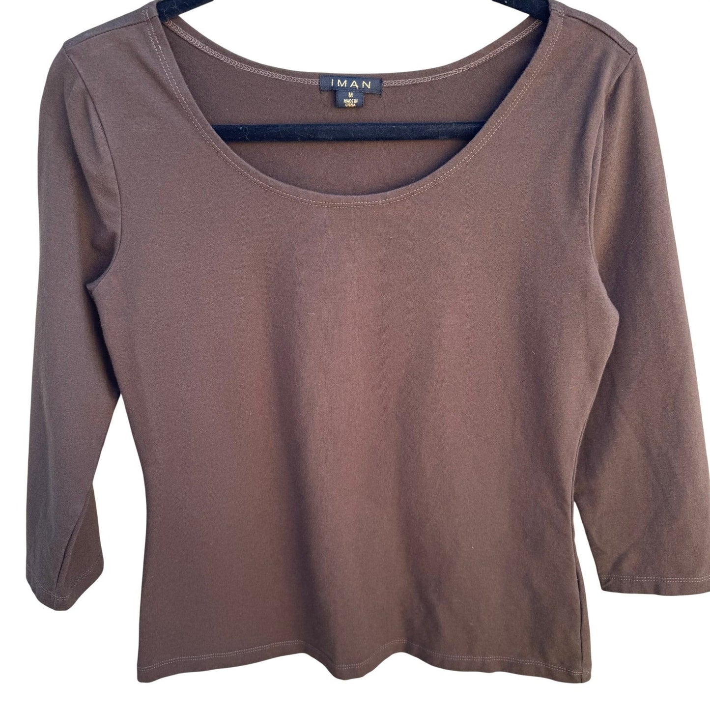IMAN Y2K Womens Babydoll Brown Scoop Neck 3/4 Sleeve Cotton Stretch Top Size M
