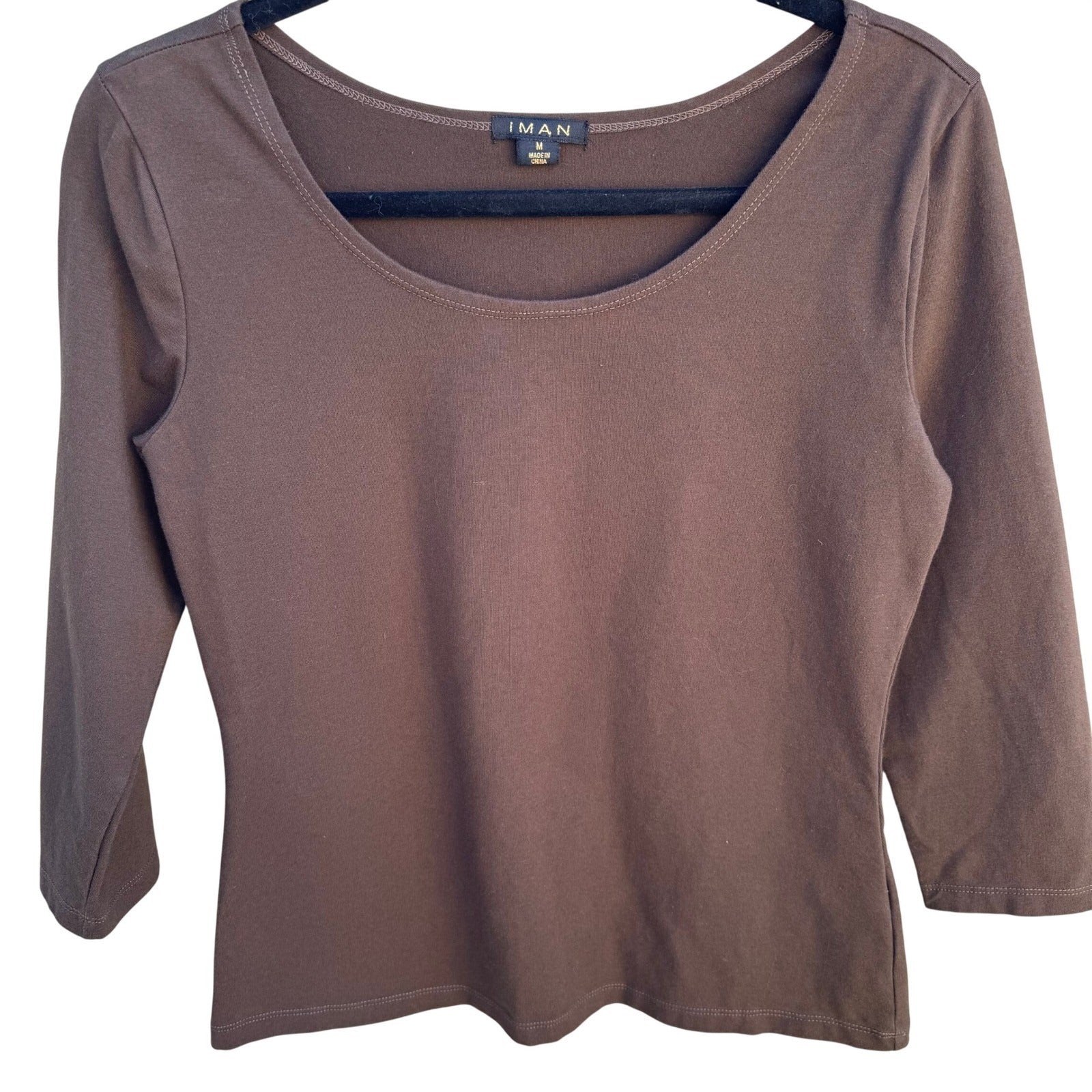 IMAN Y2K Womens Babydoll Brown Scoop Neck 3/4 Sleeve Cotton Stretch Top Size M