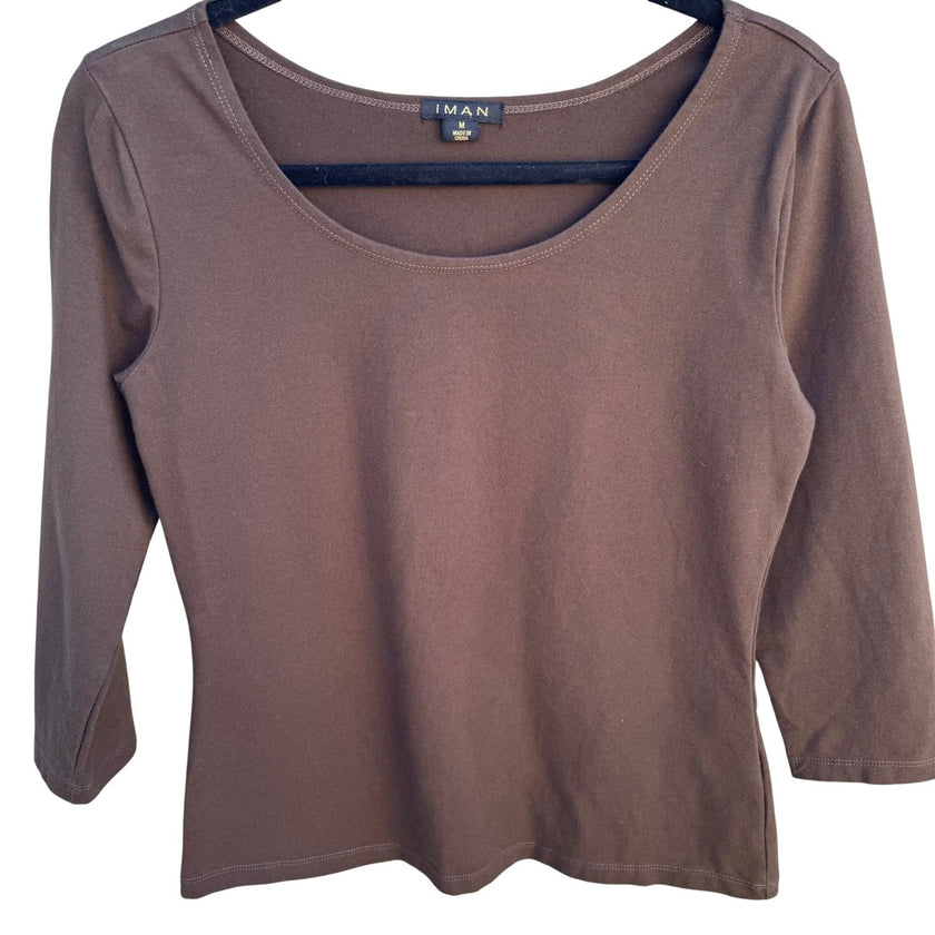 IMAN Y2K Womens Babydoll Brown Scoop Neck 3/4 Sleeve Cotton Stretch Top Size M