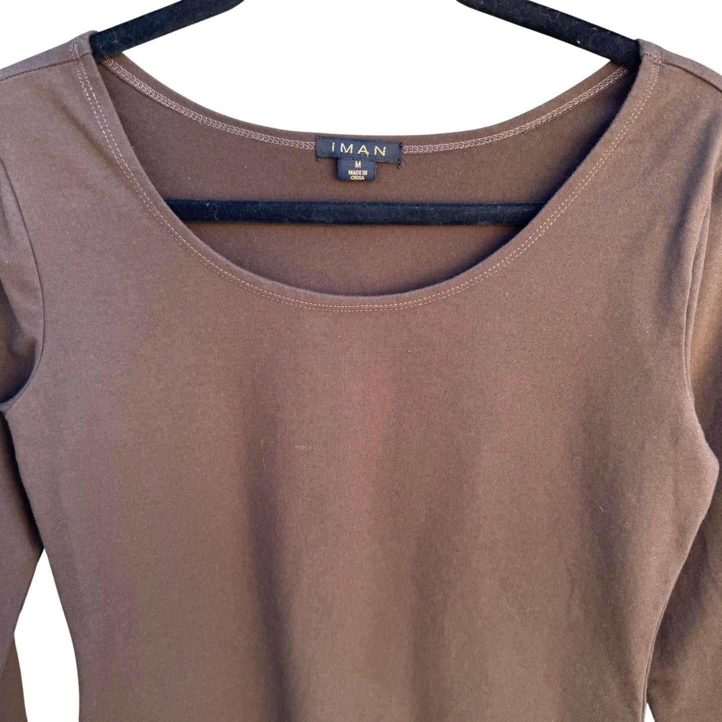 IMAN Y2K Womens Babydoll Brown Scoop Neck 3/4 Sleeve Cotton Stretch Top Size M